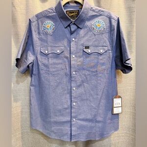 Howler Brothers - Blue Short-Sleeve Western Shirt w/ Blossom Embroidery - LARGE
